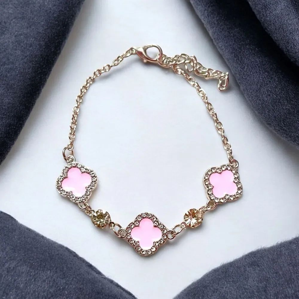 Elegant Pink Clover Rhinestone Silver Tone Bracelet